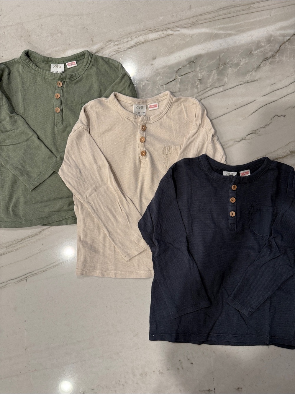 Zara Toddler Long-Sleeve Henley Shirts - Olive, Cream, Navy (3-Pack)